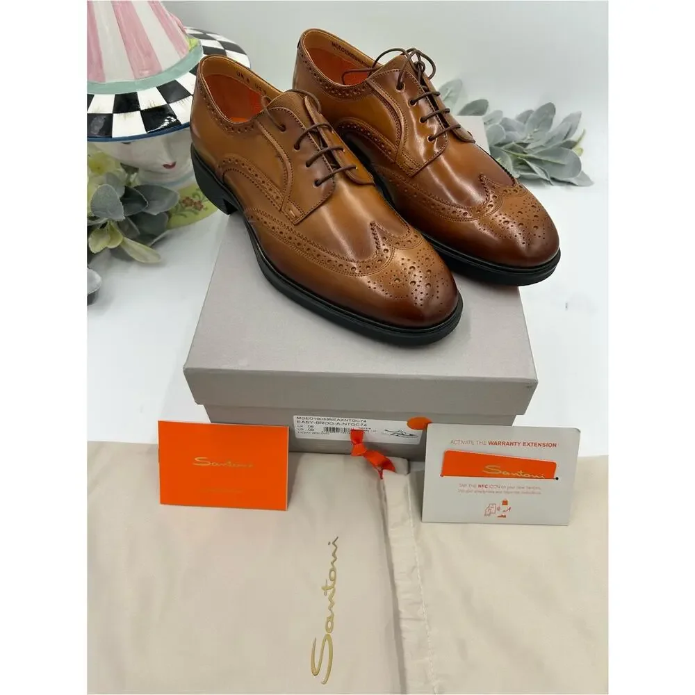 Men's Santoni easy wing tip brown burnished leather size 9 US made in Italy